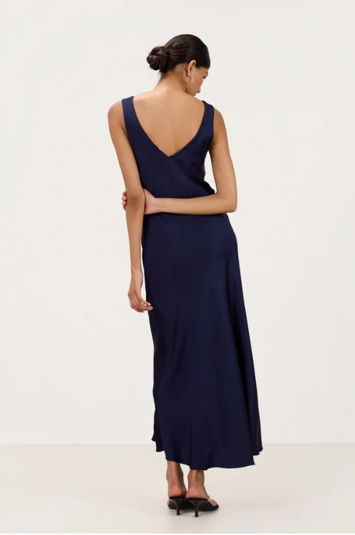 Vestido Longo Liora de Cetim | Azul Meia Noite