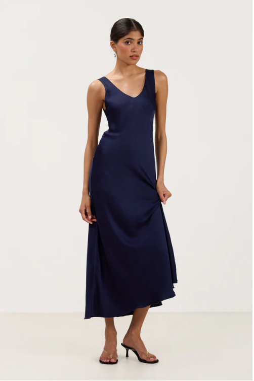 Vestido Longo Liora de Cetim | Azul Meia Noite