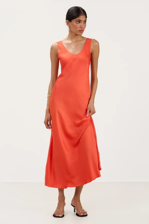 Vestido Longo Liora de Cetim | Coral Sunset